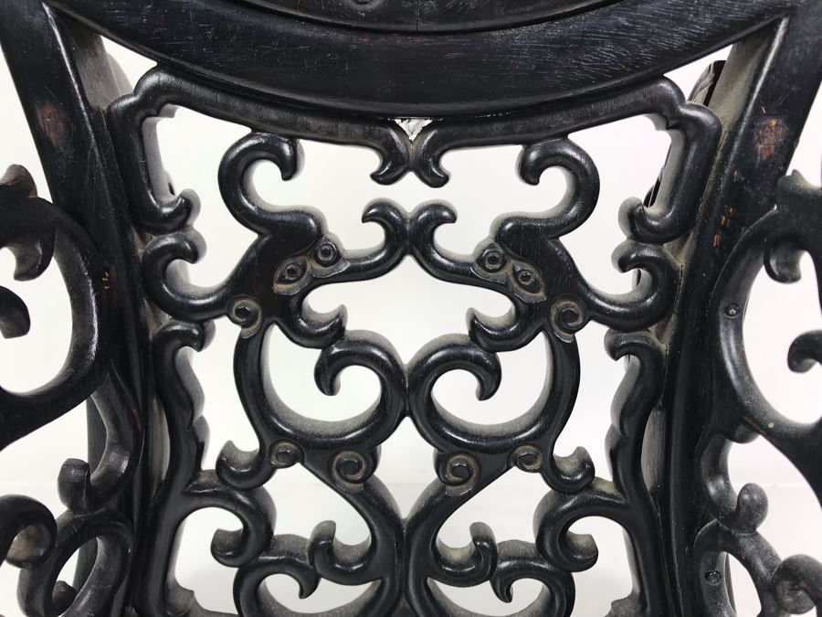 Antique Chinese Famille Rose Finely Painted Porcelain Tile Displayed In Chinese Carved Wooden Display Stand (See Photos For Repair On Side Of Wooden Stand) 13W X 21H X 7D [Photo 23]