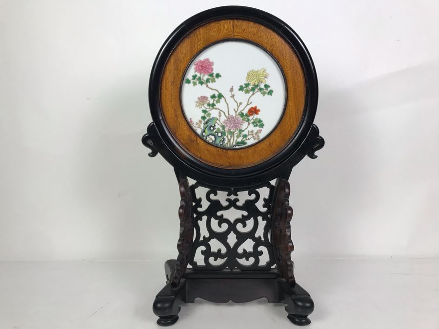 Antique Chinese Famille Rose Finely Painted Porcelain Tile Displayed In Chinese Carved Wooden Display Stand (See Photos For Repair On Side Of Wooden Stand) 13W X 21H X 7D [Photo 15]