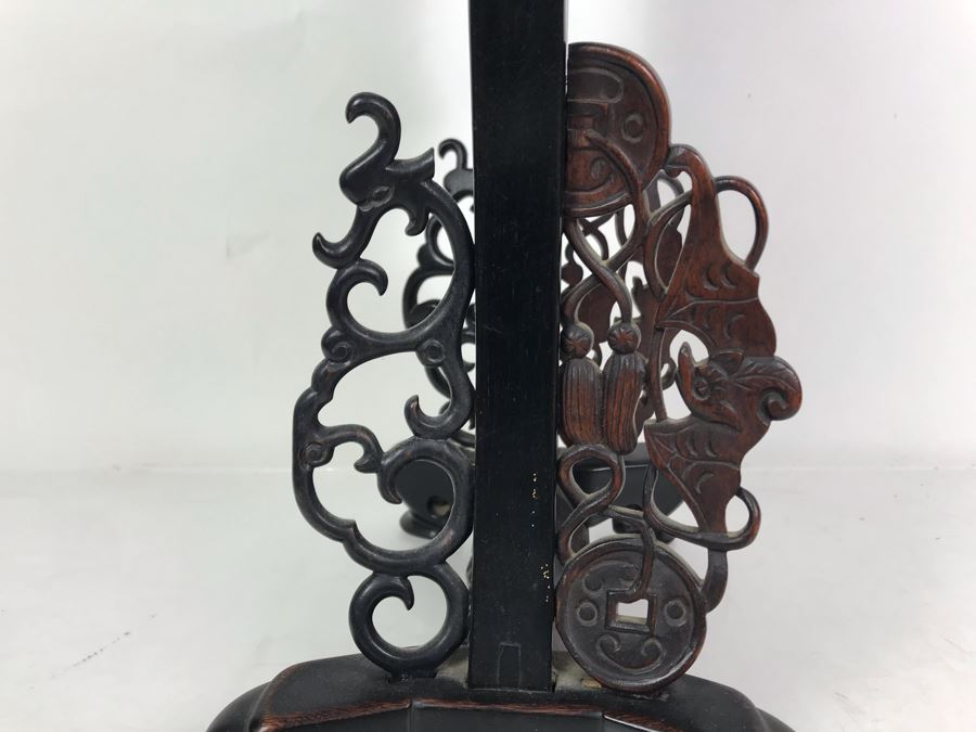 Antique Chinese Famille Rose Finely Painted Porcelain Tile Displayed In Chinese Carved Wooden Display Stand (See Photos For Repair On Side Of Wooden Stand) 13W X 21H X 7D [Photo 16]