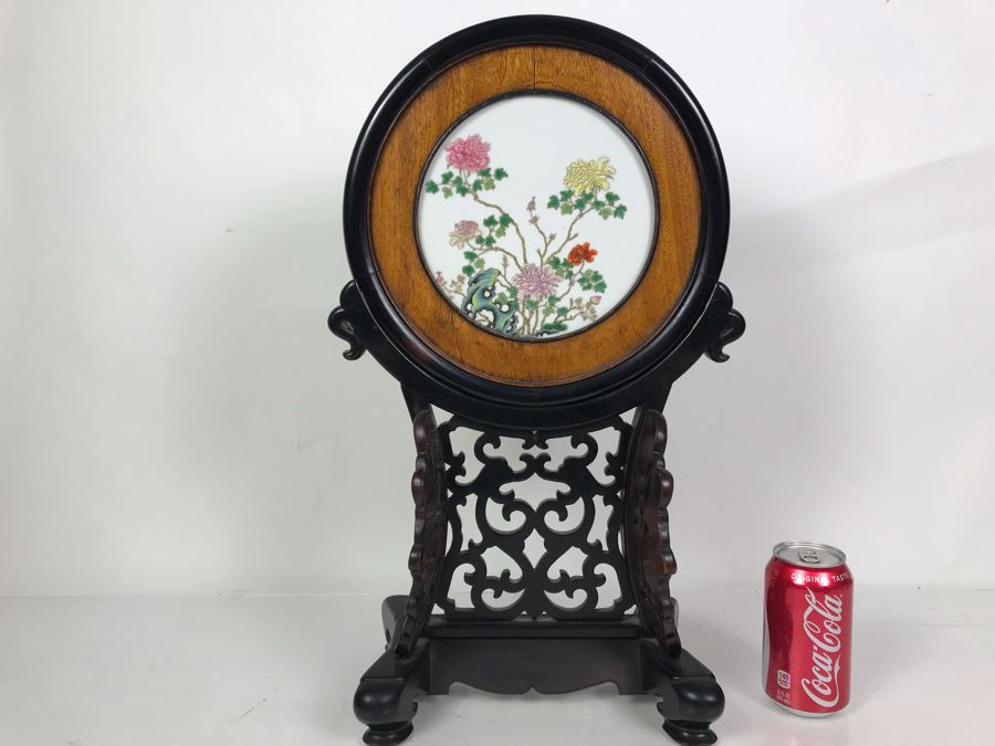 Antique Chinese Famille Rose Finely Painted Porcelain Tile Displayed In Chinese Carved Wooden Display Stand (See Photos For Repair On Side Of Wooden Stand) 13W X 21H X 7D [Photo 2]