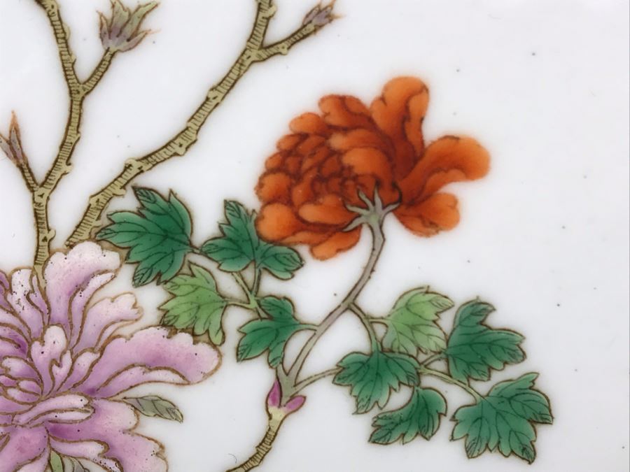 Antique Chinese Famille Rose Finely Painted Porcelain Tile Displayed In Chinese Carved Wooden Display Stand (See Photos For Repair On Side Of Wooden Stand) 13W X 21H X 7D [Photo 7]