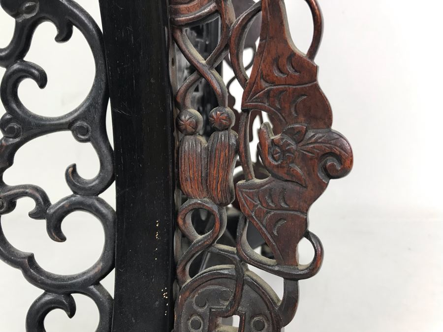 Antique Chinese Famille Rose Finely Painted Porcelain Tile Displayed In Chinese Carved Wooden Display Stand (See Photos For Repair On Side Of Wooden Stand) 13W X 21H X 7D [Photo 18]