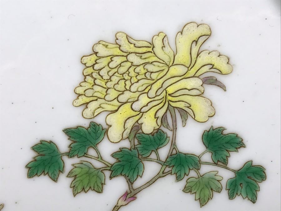 Antique Chinese Famille Rose Finely Painted Porcelain Tile Displayed In Chinese Carved Wooden Display Stand (See Photos For Repair On Side Of Wooden Stand) 13W X 21H X 7D [Photo 9]