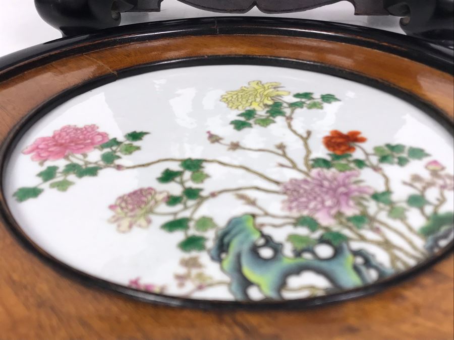 Antique Chinese Famille Rose Finely Painted Porcelain Tile Displayed In Chinese Carved Wooden Display Stand (See Photos For Repair On Side Of Wooden Stand) 13W X 21H X 7D [Photo 28]