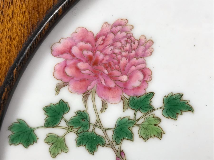 Antique Chinese Famille Rose Finely Painted Porcelain Tile Displayed In Chinese Carved Wooden Display Stand (See Photos For Repair On Side Of Wooden Stand) 13W X 21H X 7D [Photo 8]