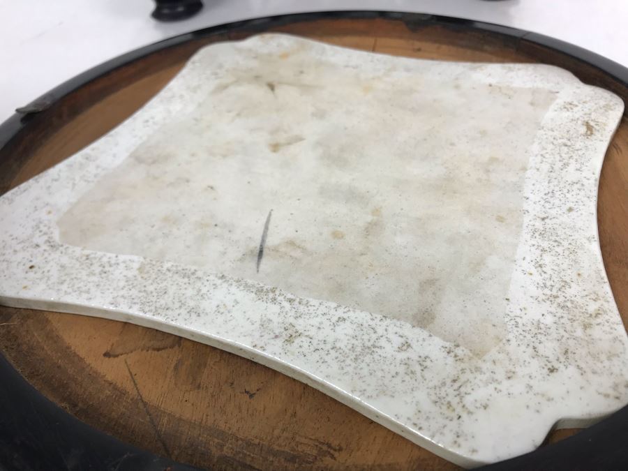 Antique Chinese Famille Rose Finely Painted Porcelain Tile Displayed In Chinese Carved Wooden Display Stand (See Photos For Repair On Side Of Wooden Stand) 13W X 21H X 7D [Photo 31]