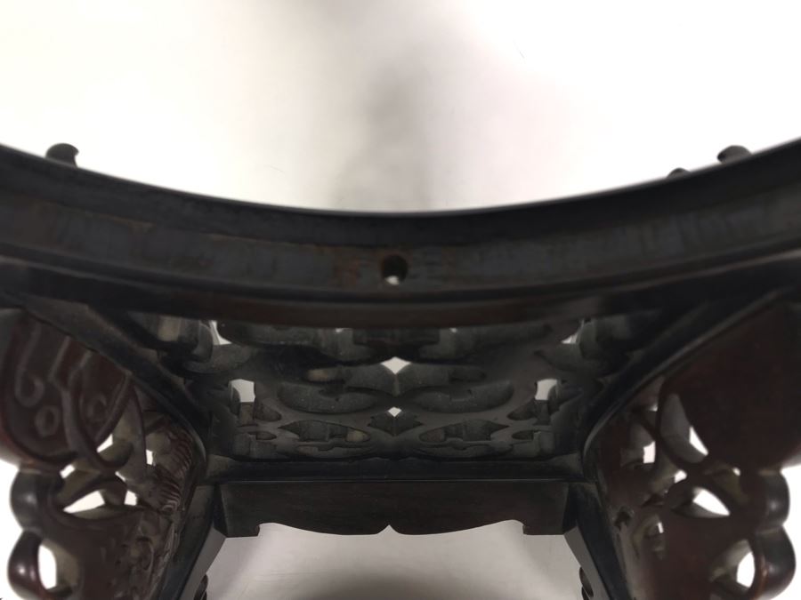 Antique Chinese Famille Rose Finely Painted Porcelain Tile Displayed In Chinese Carved Wooden Display Stand (See Photos For Repair On Side Of Wooden Stand) 13W X 21H X 7D [Photo 26]