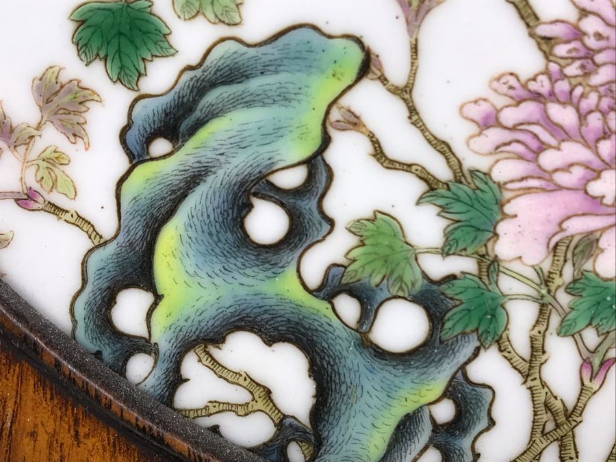 Antique Chinese Famille Rose Finely Painted Porcelain Tile Displayed In Chinese Carved Wooden Display Stand (See Photos For Repair On Side Of Wooden Stand) 13W X 21H X 7D [Photo 6]