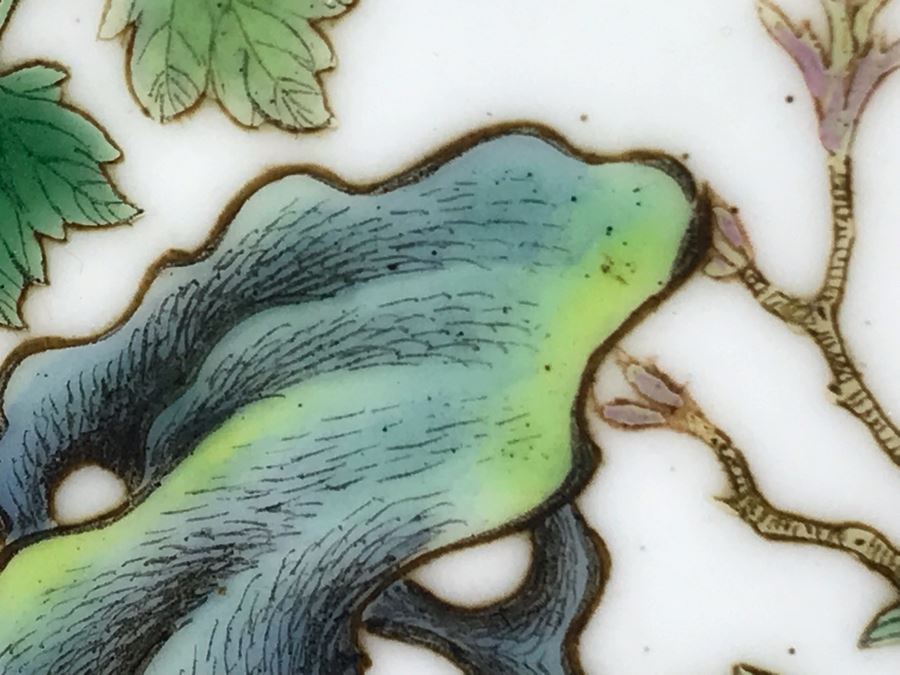 Antique Chinese Famille Rose Finely Painted Porcelain Tile Displayed In Chinese Carved Wooden Display Stand (See Photos For Repair On Side Of Wooden Stand) 13W X 21H X 7D [Photo 11]