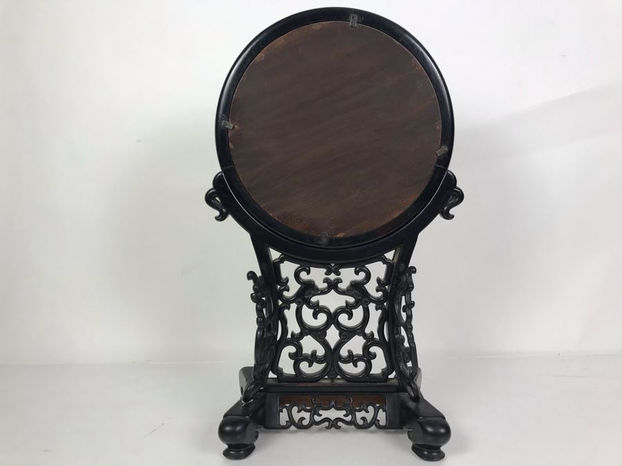 Antique Chinese Famille Rose Finely Painted Porcelain Tile Displayed In Chinese Carved Wooden Display Stand (See Photos For Repair On Side Of Wooden Stand) 13W X 21H X 7D [Photo 21]