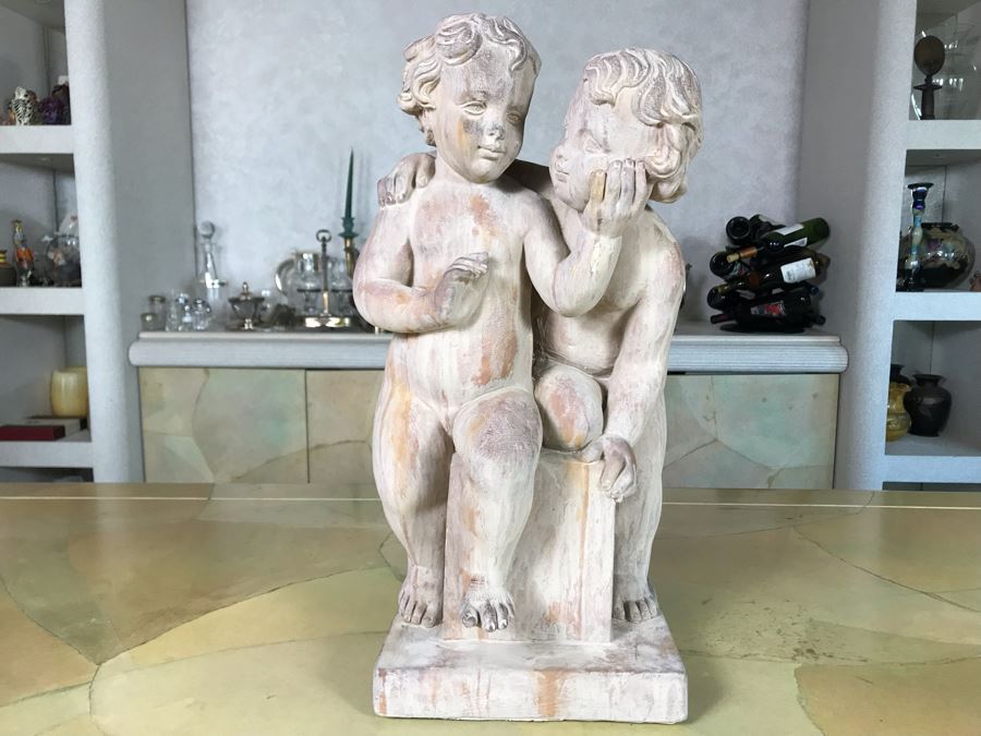Plaster Sculpture Of Children Embracing Each Other 9W X 19.5H