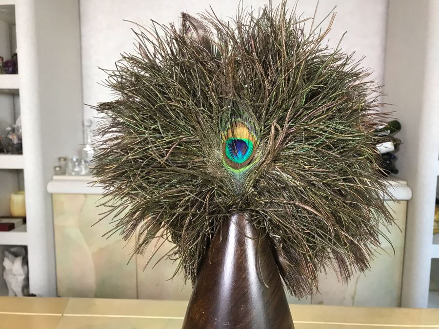 Turned Wooden Vase With Peakcock Feather Arrangement 12W X 21H [Photo 8]