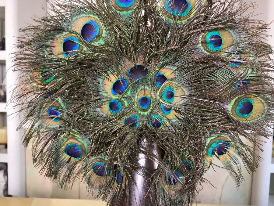 Turned Wooden Vase With Peakcock Feather Arrangement 12W X 21H [Photo 5]