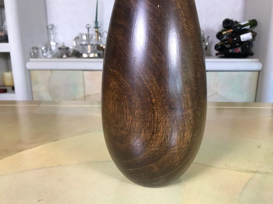 Turned Wooden Vase With Peakcock Feather Arrangement 12W X 21H [Photo 4]