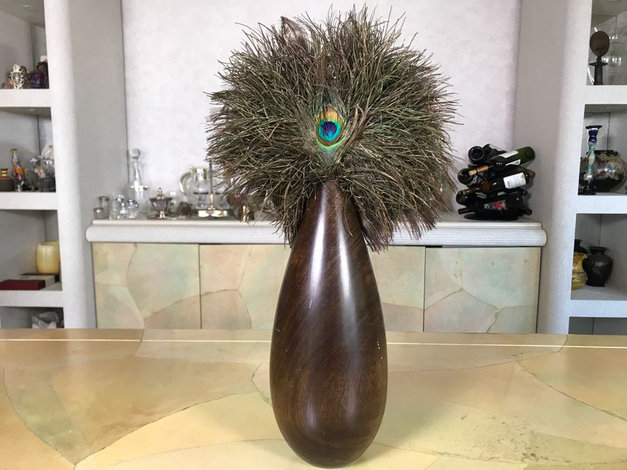 Turned Wooden Vase With Peakcock Feather Arrangement 12W X 21H [Photo 2]