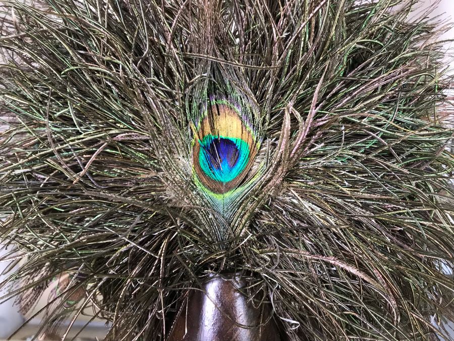 Turned Wooden Vase With Peakcock Feather Arrangement 12W X 21H [Photo 7]