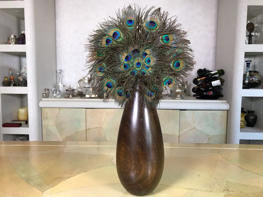 Turned Wooden Vase With Peakcock Feather Arrangement 12W X 21H [Photo 3]