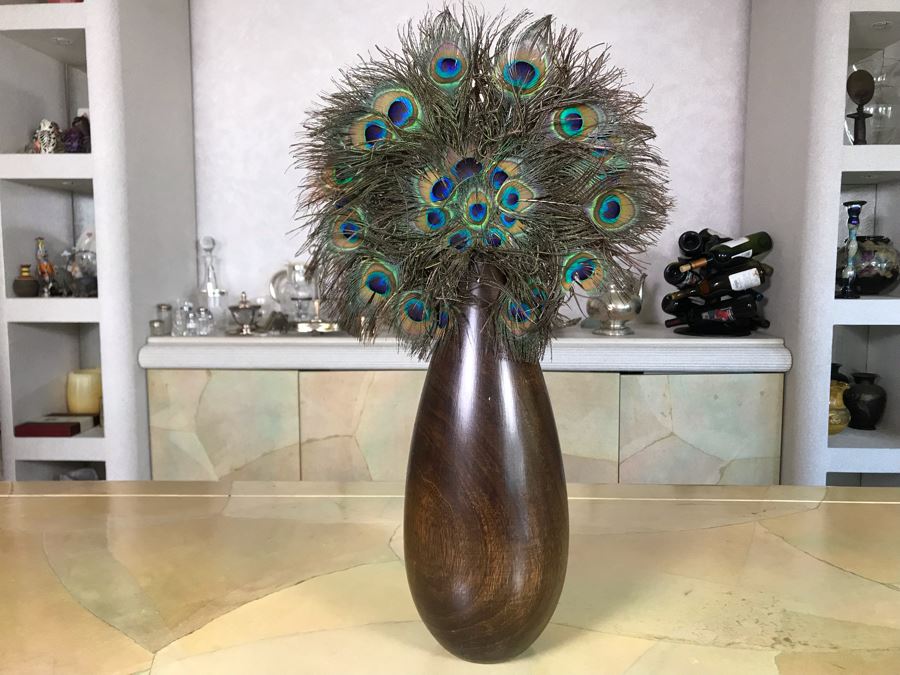 Turned Wooden Vase With Peakcock Feather Arrangement 12W X 21H