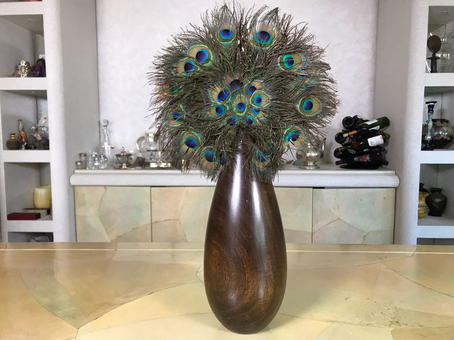 Turned Wooden Vase With Peakcock Feather Arrangement 12W X 21H [Photo 1]