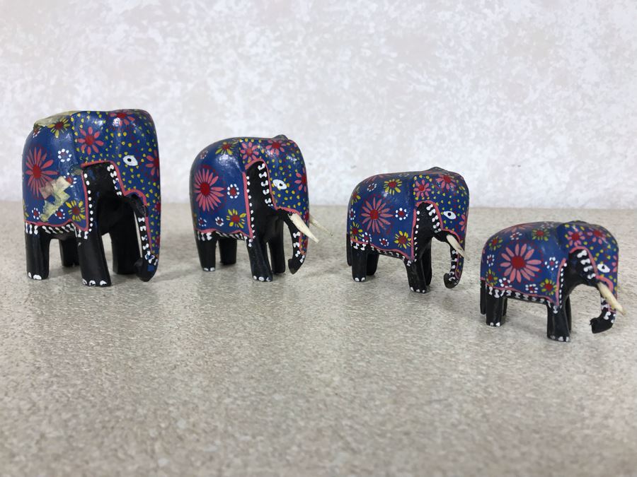Set Of Four Small Hand Carved Hand Painted Elephants Family