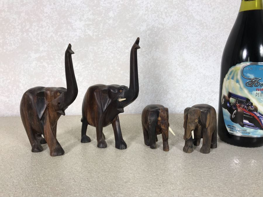 Four Carved Wooden Elephants Family Sculptures [Photo 2]