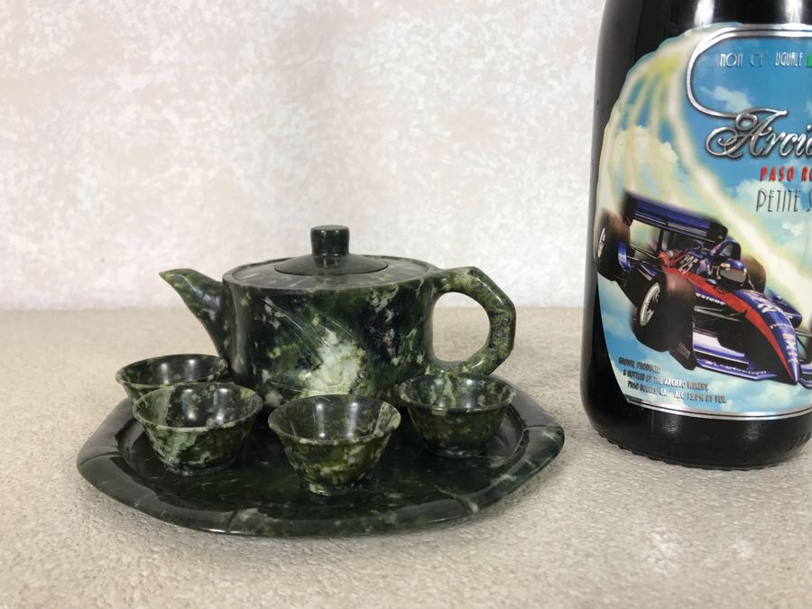 Vintage Asian Carved Green Jadeite Jade Sake Set Retailed $250 [Photo 2]