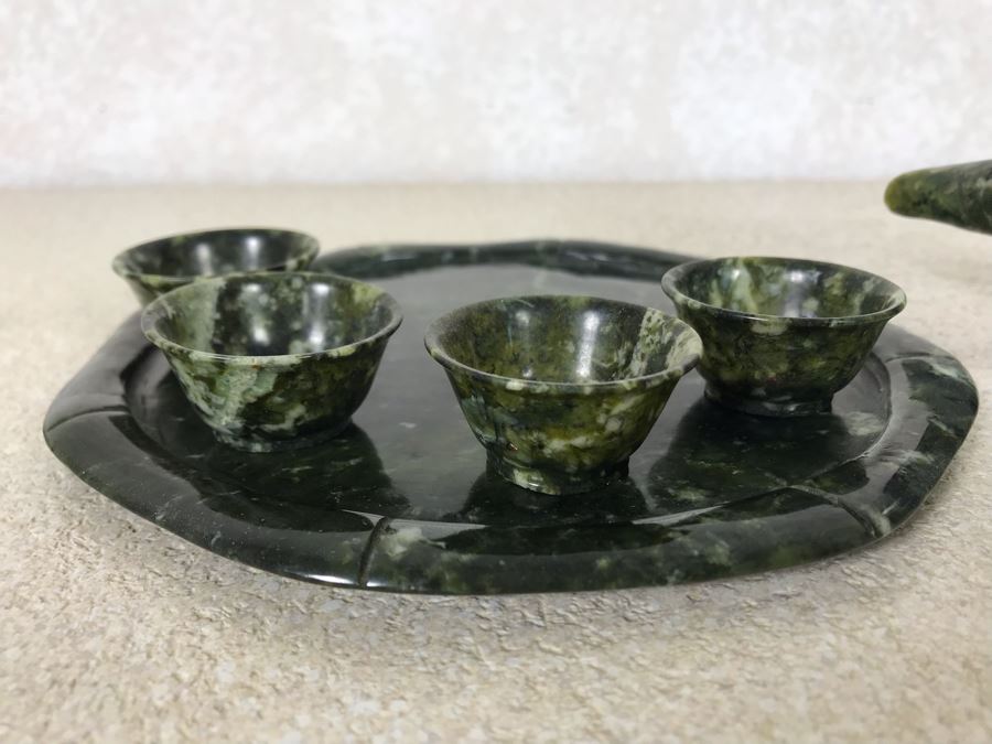 Vintage Asian Carved Green Jadeite Jade Sake Set Retailed $250 [Photo 10]