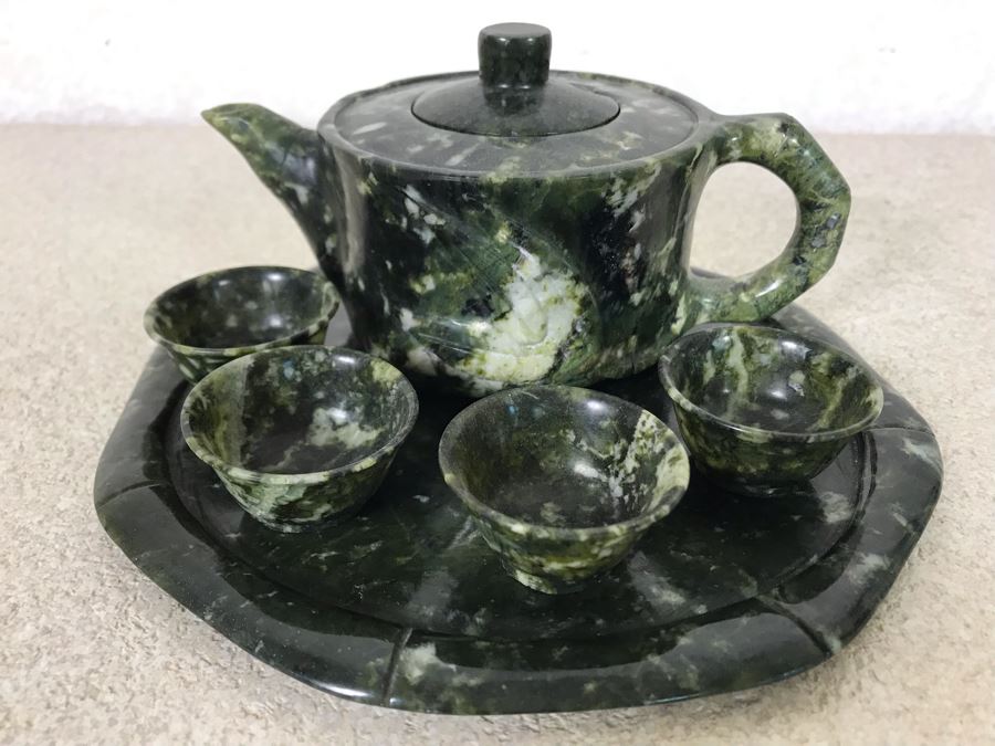 Vintage Asian Carved Green Jadeite Jade Sake Set Retailed $250 [Photo 4]