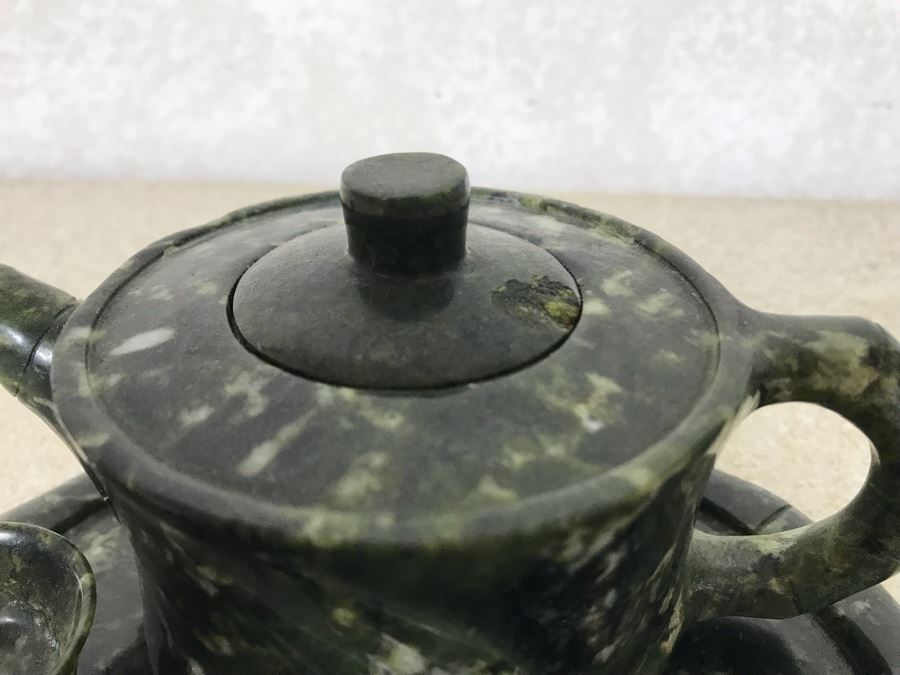 Vintage Asian Carved Green Jadeite Jade Sake Set Retailed $250 [Photo 6]