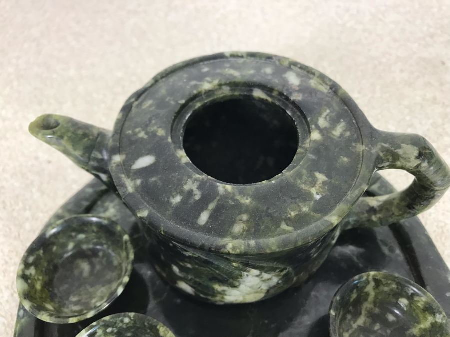 Vintage Asian Carved Green Jadeite Jade Sake Set Retailed $250 [Photo 7]