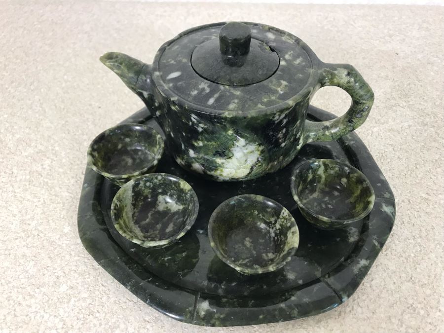 Vintage Asian Carved Green Jadeite Jade Sake Set Retailed $250 [Photo 5]