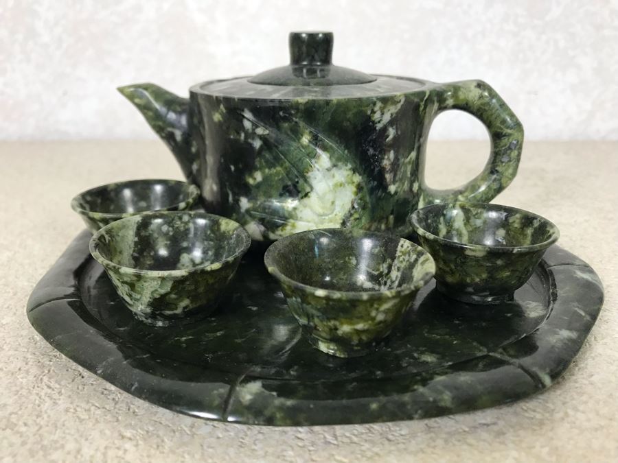 Vintage Asian Carved Green Jadeite Jade Sake Set Retailed $250 [Photo 3]
