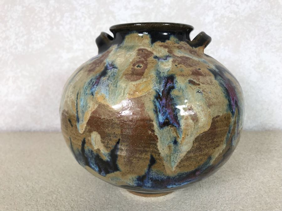 Glazed Art Pottery Two Handled Pot Signed GW 9W X 8H [Photo 6]