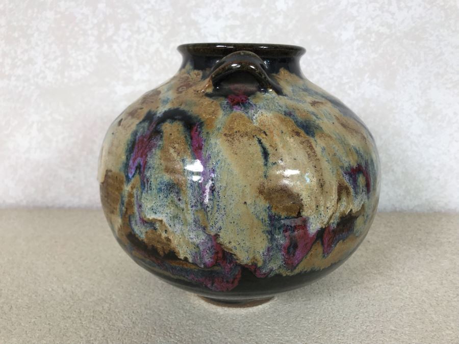 Glazed Art Pottery Two Handled Pot Signed GW 9W X 8H [Photo 5]