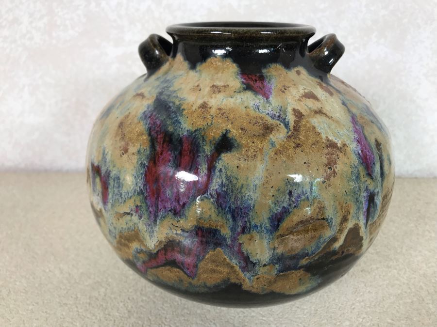 Glazed Art Pottery Two Handled Pot Signed GW 9W X 8H [Photo 4]