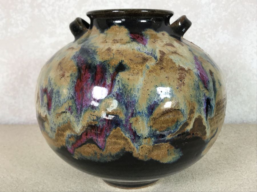 Glazed Art Pottery Two Handled Pot Signed GW 9W X 8H [Photo 2]