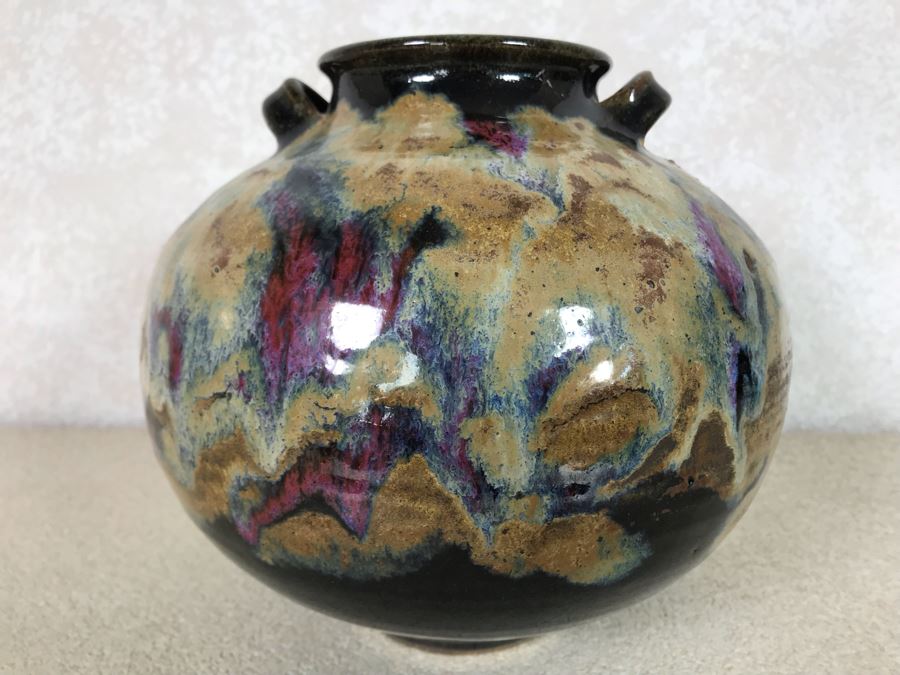 Glazed Art Pottery Two Handled Pot Signed GW 9W X 8H [Photo 3]