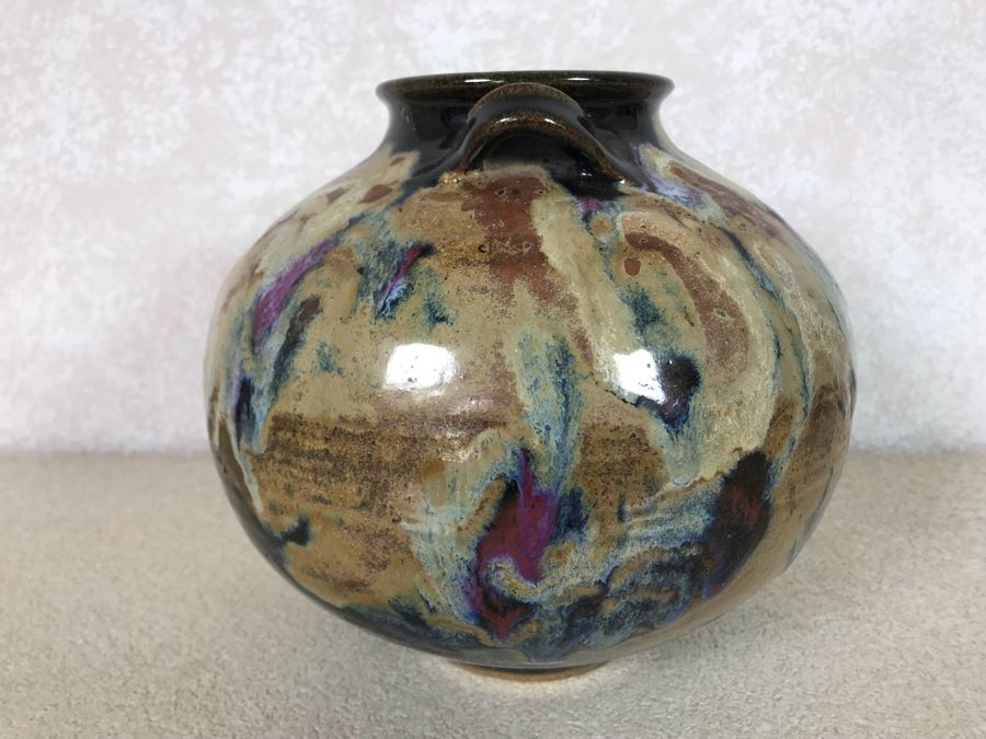 Glazed Art Pottery Two Handled Pot Signed GW 9W X 8H [Photo 7]