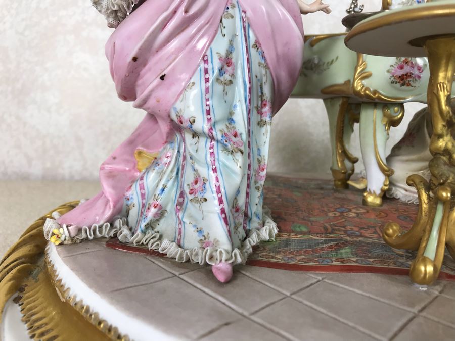 Monumental Italian Capodimonte Porcelain Figurine Of Woman Admiringly Listening To Woman Playing Piano And Man Playing Cello (See Photos For Defects) 18W X 12D X 11H [Photo 7]