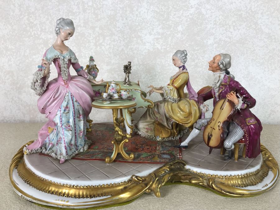 Monumental Italian Capodimonte Porcelain Figurine Of Woman Admiringly Listening To Woman Playing Piano And Man Playing Cello (See Photos For Defects) 18W X 12D X 11H [Photo 4]