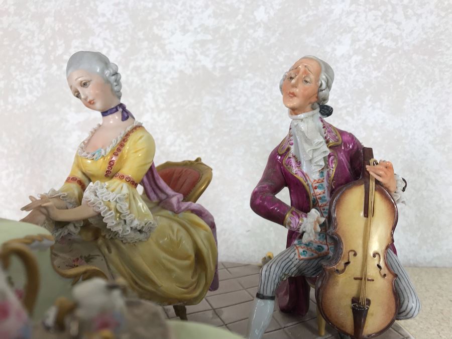 Monumental Italian Capodimonte Porcelain Figurine Of Woman Admiringly Listening To Woman Playing Piano And Man Playing Cello (See Photos For Defects) 18W X 12D X 11H [Photo 46]