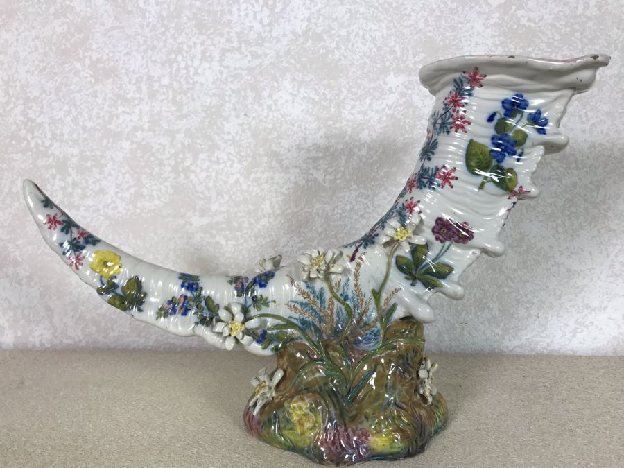 Antique Faience Majolica Ram Vase Finely Painted With Flowers Marked Doccia Porcelain (Ginori) Florence Italy - See Photos For Details And Slight Chips 18W X 6D X 12H [Photo 2]