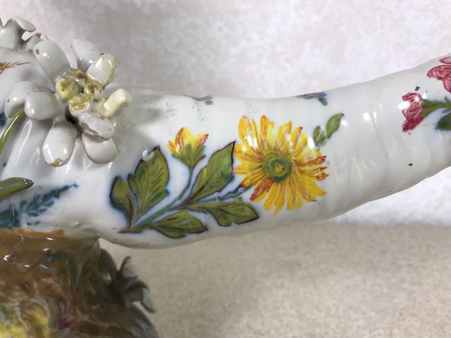 Antique Faience Majolica Ram Vase Finely Painted With Flowers Marked Doccia Porcelain (Ginori) Florence Italy - See Photos For Details And Slight Chips 18W X 6D X 12H [Photo 24]