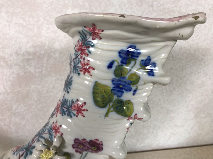 Antique Faience Majolica Ram Vase Finely Painted With Flowers Marked Doccia Porcelain (Ginori) Florence Italy - See Photos For Details And Slight Chips 18W X 6D X 12H [Photo 10]