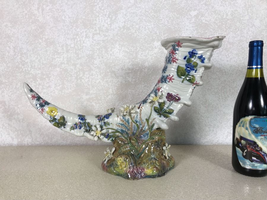 Antique Faience Majolica Ram Vase Finely Painted With Flowers Marked Doccia Porcelain (Ginori) Florence Italy - See Photos For Details And Slight Chips 18W X 6D X 12H [Photo 1]