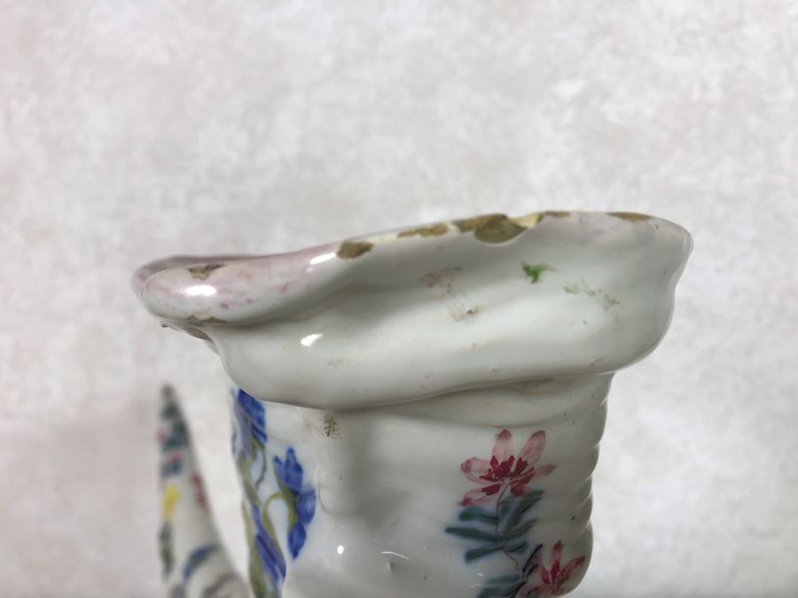 Antique Faience Majolica Ram Vase Finely Painted With Flowers Marked Doccia Porcelain (Ginori) Florence Italy - See Photos For Details And Slight Chips 18W X 6D X 12H [Photo 16]