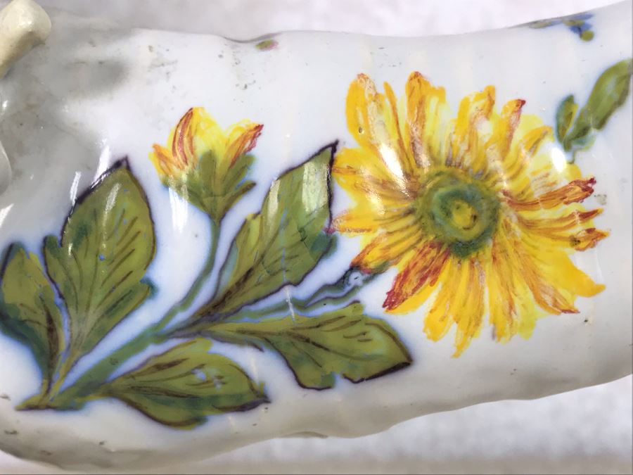 Antique Faience Majolica Ram Vase Finely Painted With Flowers Marked Doccia Porcelain (Ginori) Florence Italy - See Photos For Details And Slight Chips 18W X 6D X 12H [Photo 30]