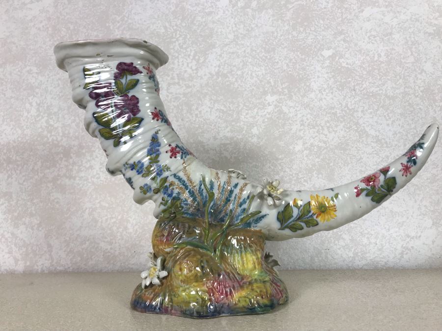 Antique Faience Majolica Ram Vase Finely Painted With Flowers Marked Doccia Porcelain (Ginori) Florence Italy - See Photos For Details And Slight Chips 18W X 6D X 12H [Photo 20]