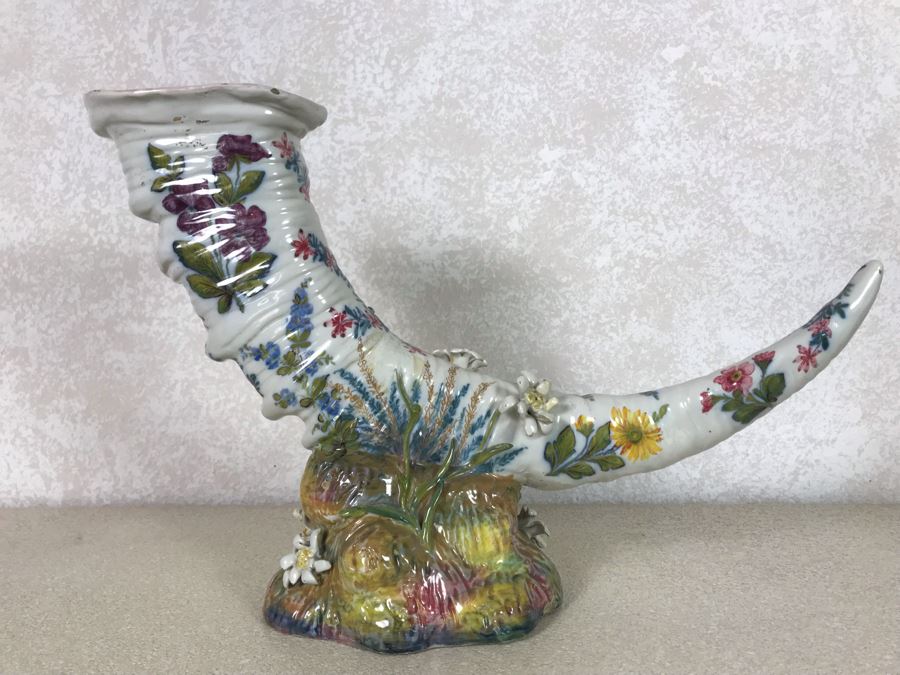 Antique Faience Majolica Ram Vase Finely Painted With Flowers Marked Doccia Porcelain (Ginori) Florence Italy - See Photos For Details And Slight Chips 18W X 6D X 12H [Photo 19]