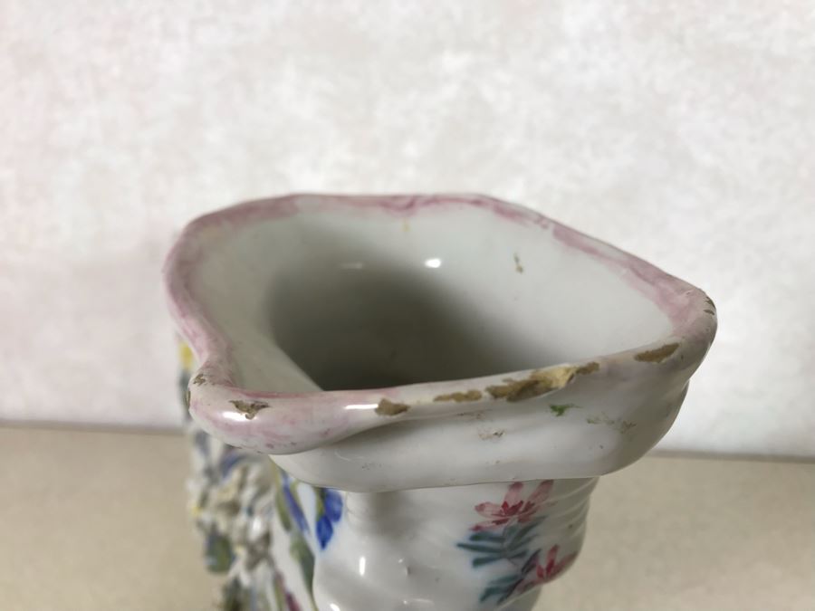 Antique Faience Majolica Ram Vase Finely Painted With Flowers Marked Doccia Porcelain (Ginori) Florence Italy - See Photos For Details And Slight Chips 18W X 6D X 12H [Photo 18]